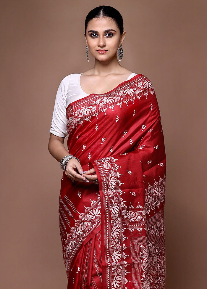 Red Handloom Kantha Stitch Pure Silk Saree With Blouse Piece