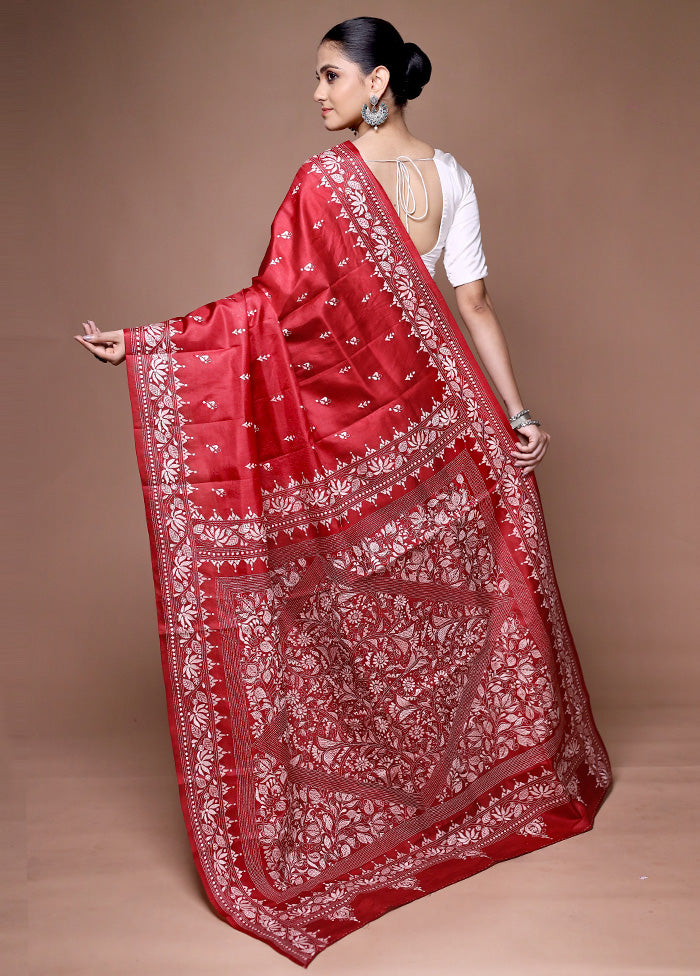 Red Handloom Kantha Stitch Pure Silk Saree With Blouse Piece