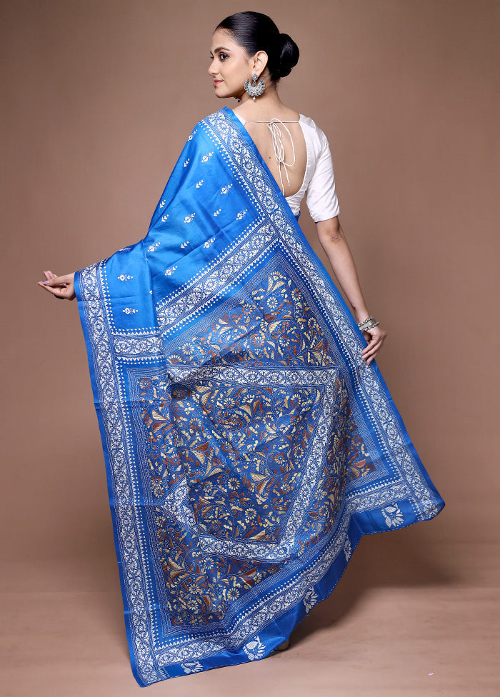 Blue Handloom Kantha Stitch Pure Silk Saree With Blouse Piece