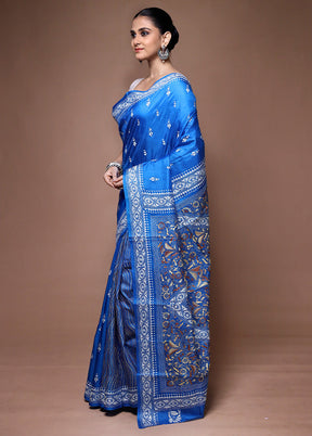 Blue Handloom Kantha Stitch Pure Silk Saree With Blouse Piece