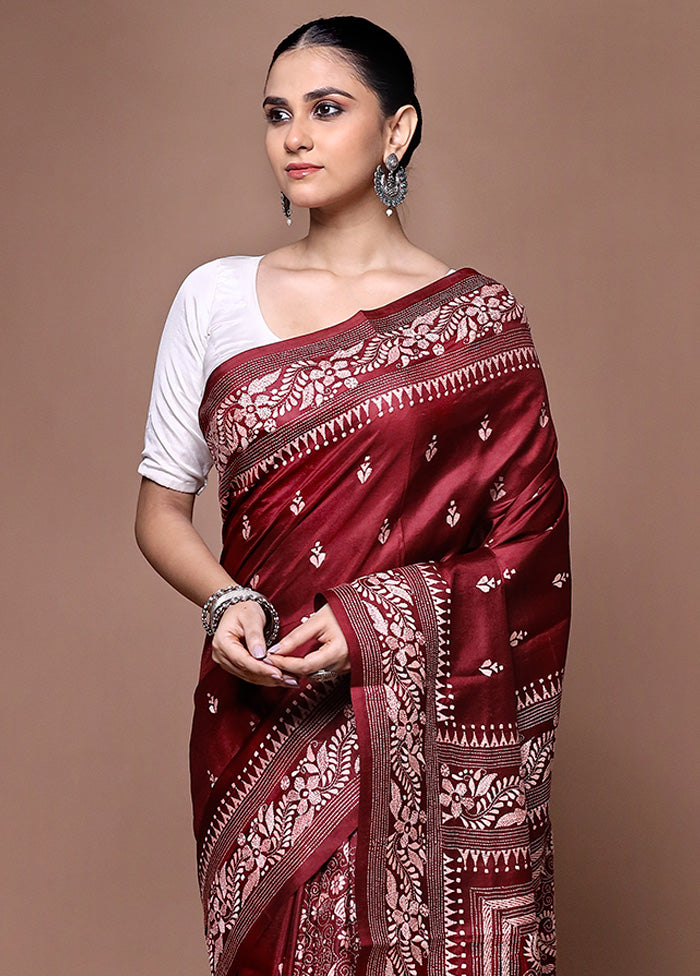 Maroon Handloom Kantha Stitch Pure Silk Saree With Blouse Piece