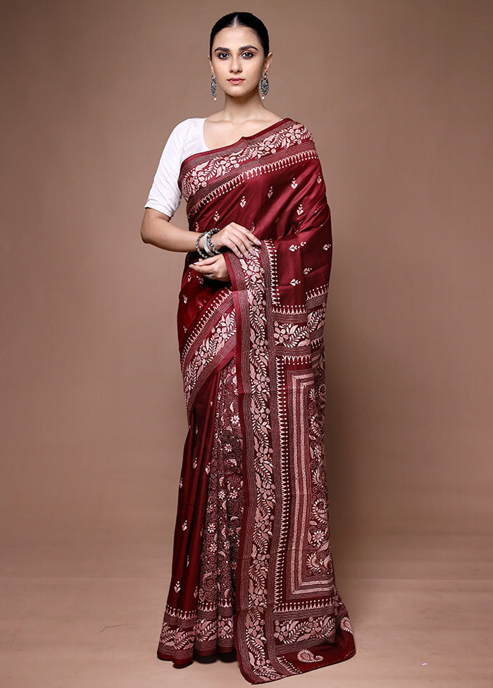 Maroon Handloom Kantha Stitch Pure Silk Saree With Blouse Piece