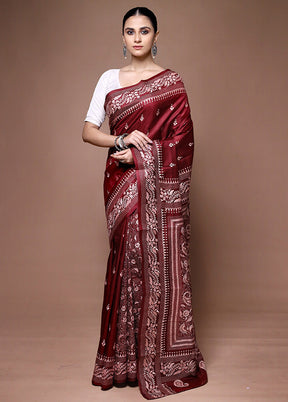 Maroon Handloom Kantha Stitch Pure Silk Saree With Blouse Piece