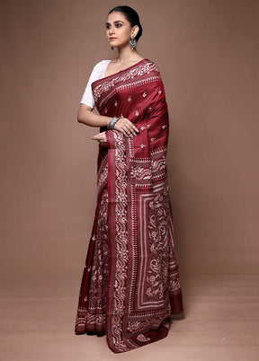 Maroon Handloom Kantha Stitch Pure Silk Saree With Blouse Piece