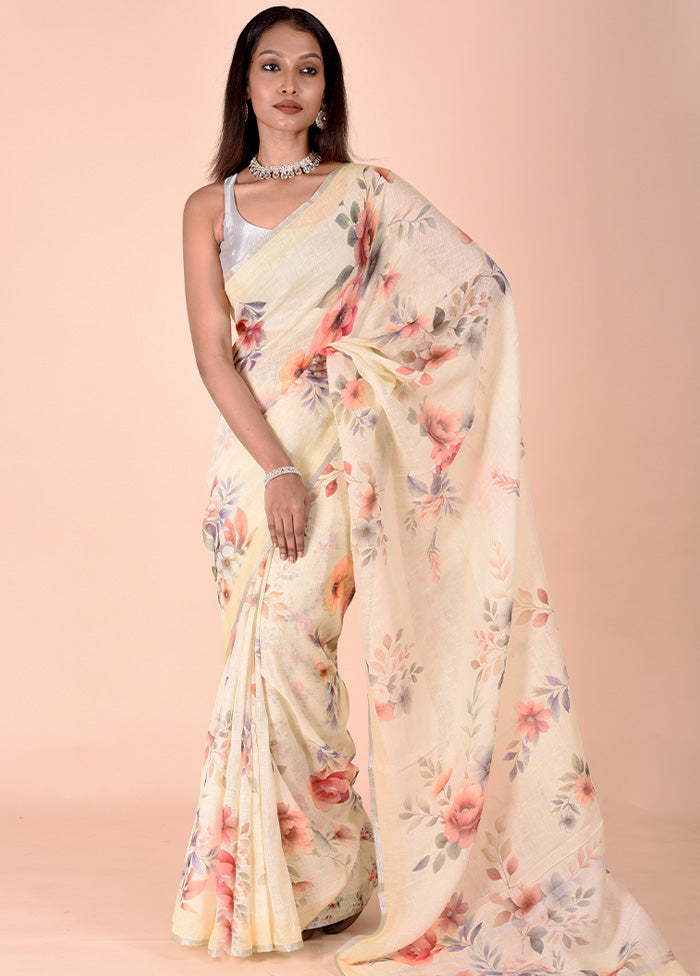 Cream Linen Silk Saree With Blouse Piece