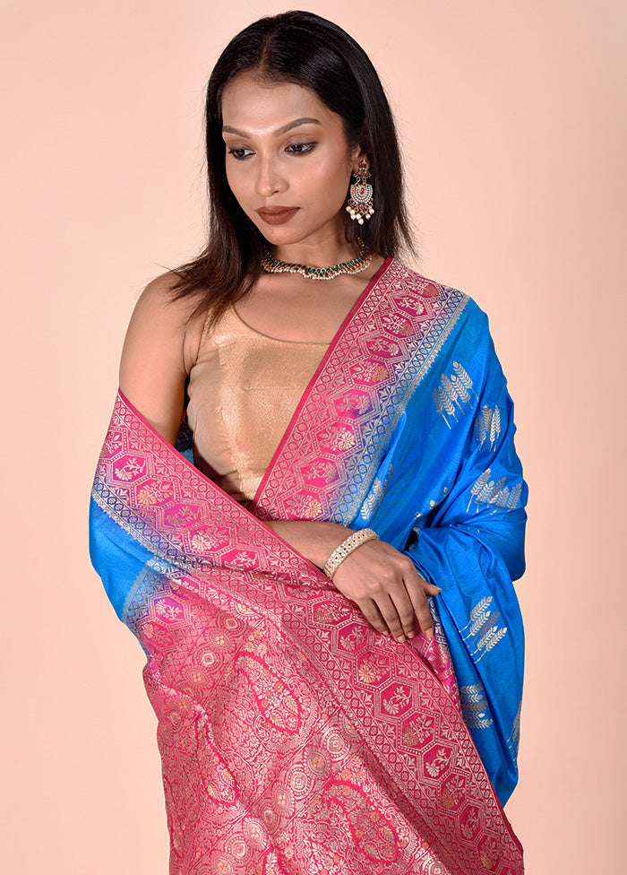 Blue Dupion Silk Saree With Blouse Piece