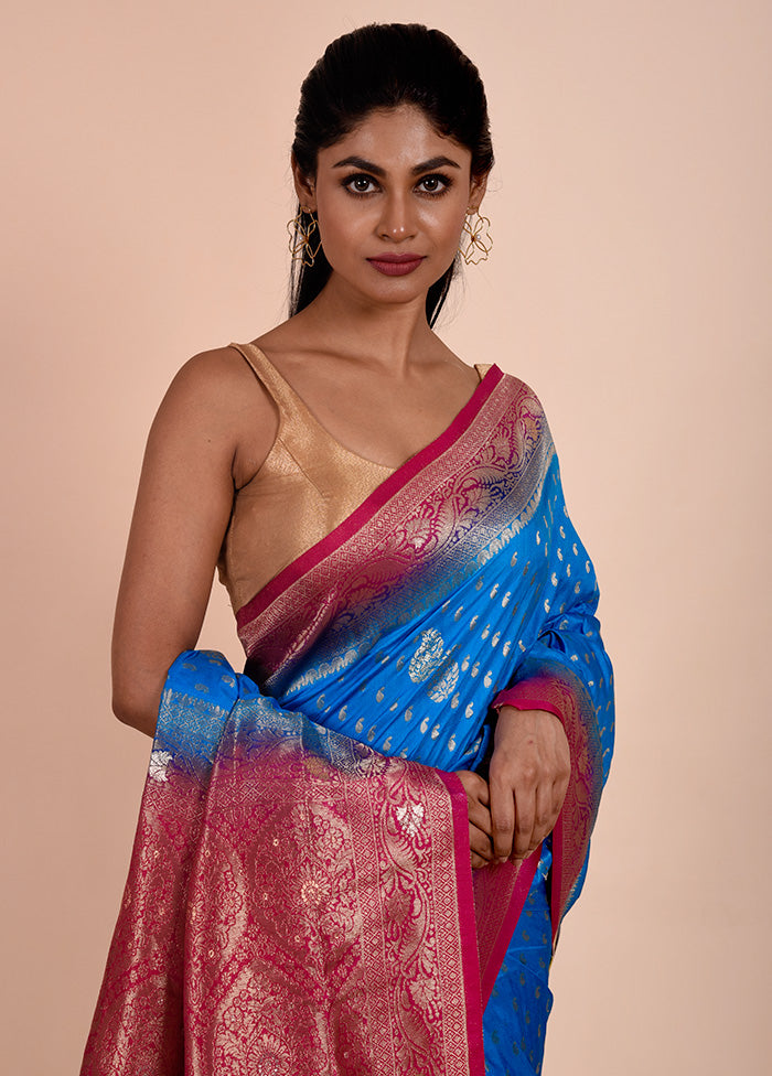 Blue Dupion Silk Saree With Blouse Piece