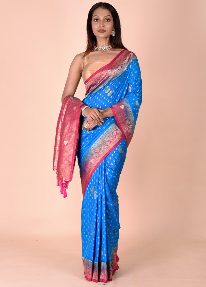 Blue Dupion Silk Saree With Blouse Piece