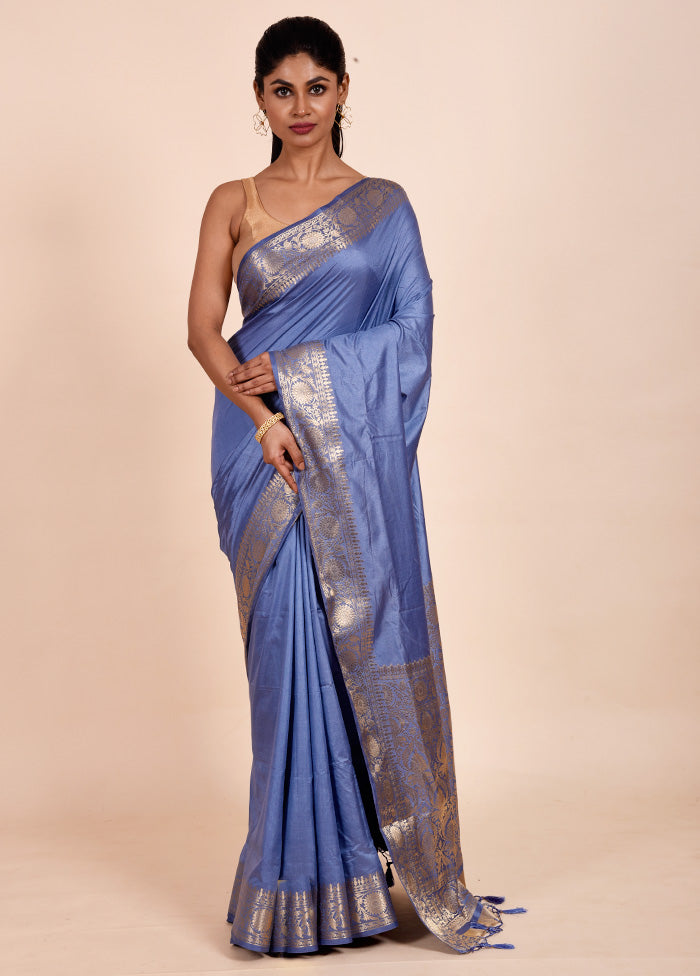 Blue Dupion Silk Saree With Blouse Piece