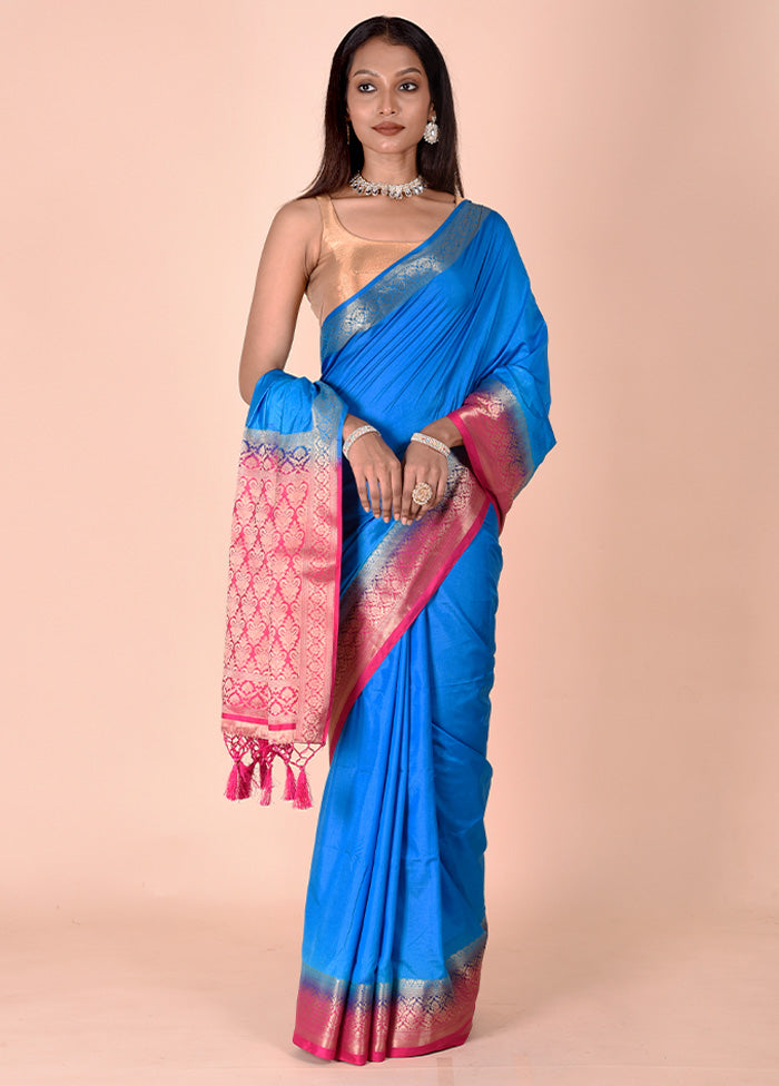 Blue Dupion Silk Saree With Blouse Piece