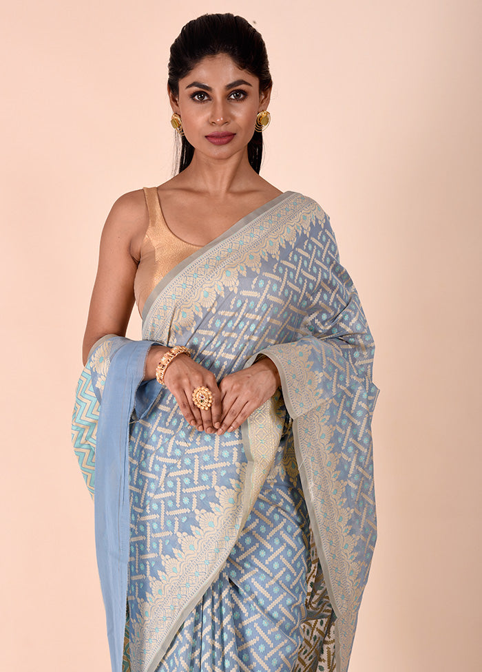 Blue Kora Silk Saree With Blouse Piece