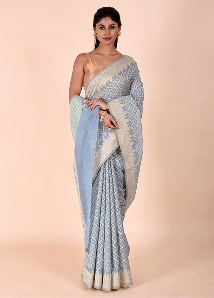 Blue Kora Silk Saree With Blouse Piece