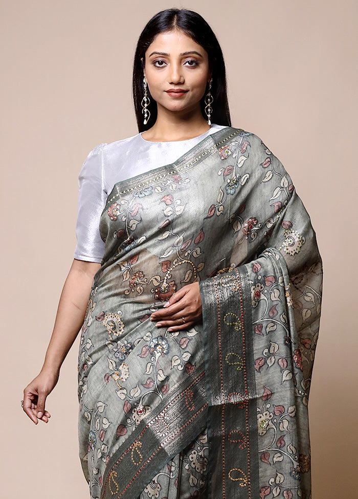 Grey Tussar Silk Saree With Blouse Piece