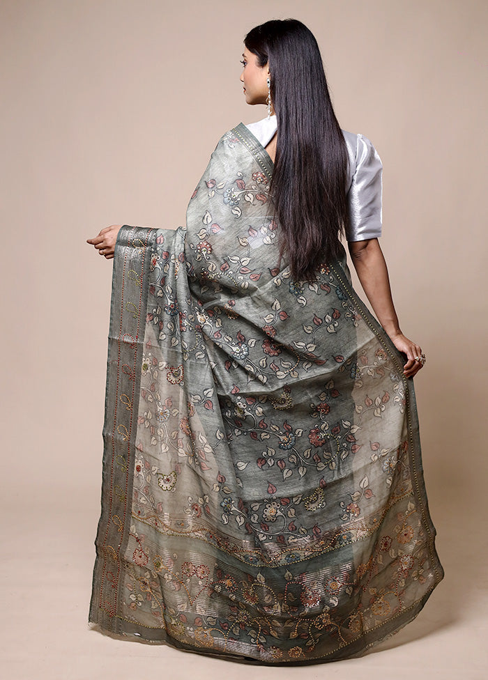 Grey Tussar Silk Saree With Blouse Piece