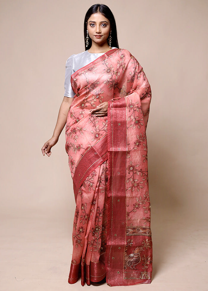 Pink Tussar Silk Saree With Blouse Piece