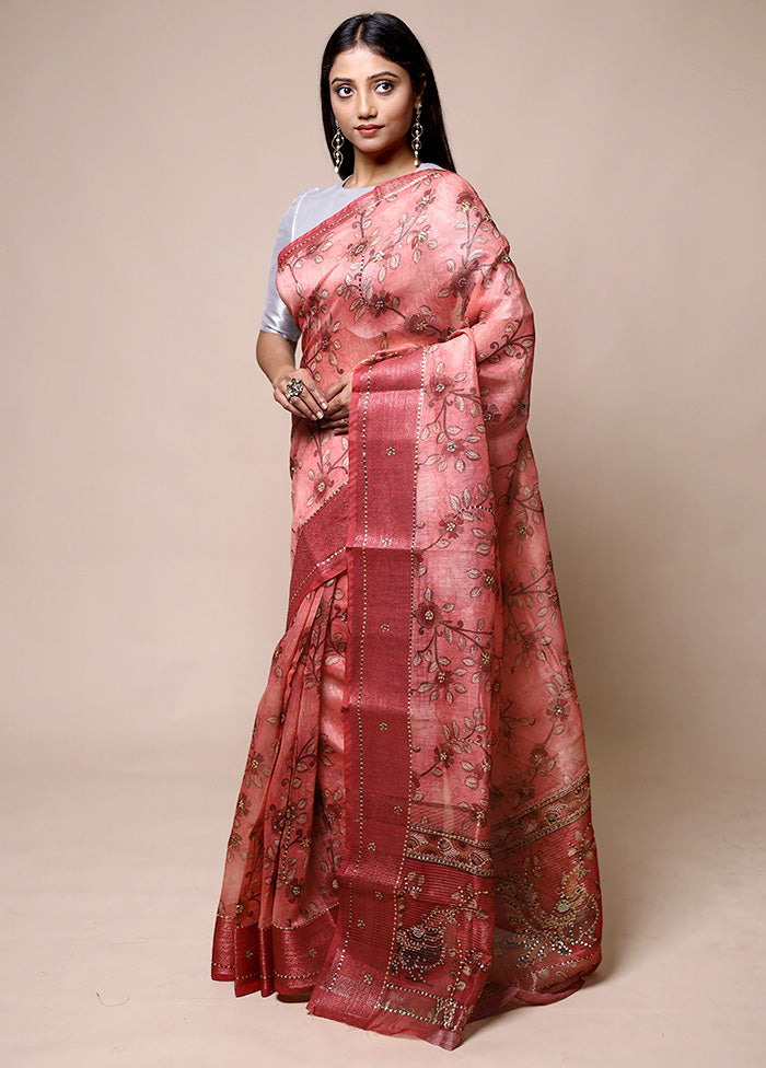 Pink Tussar Silk Saree With Blouse Piece