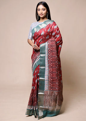 Red Chanderi Cotton Saree With Blouse Piece