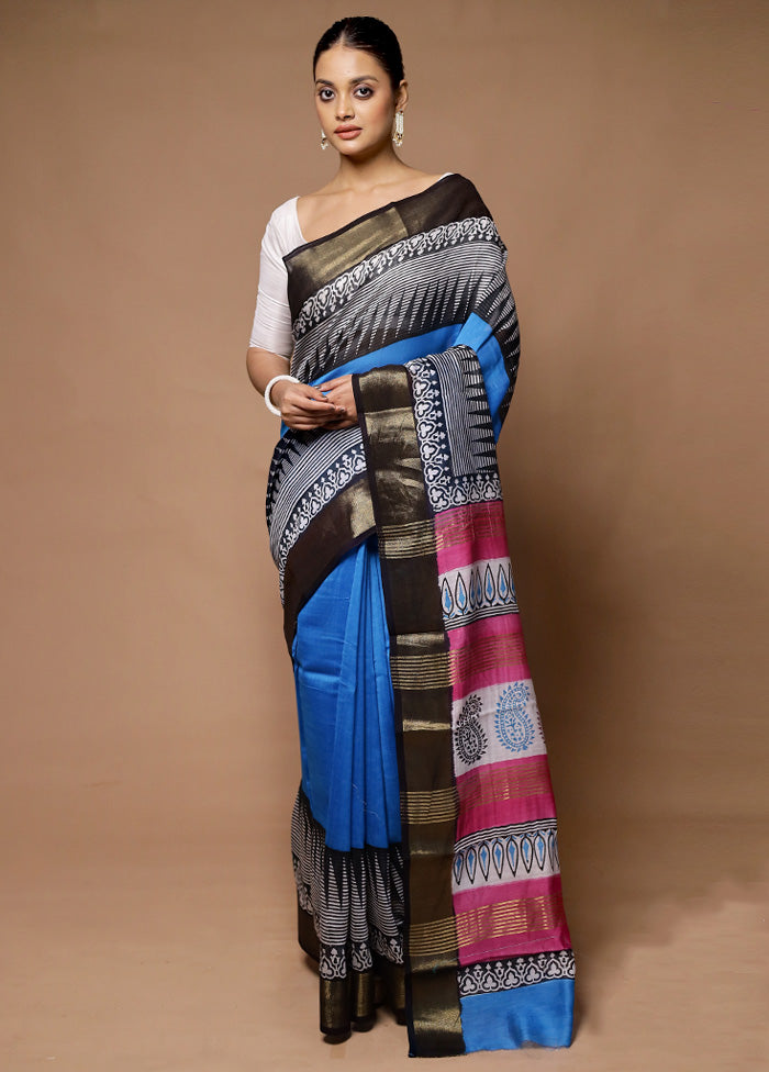 Blue Chanderi Cotton Saree With Blouse Piece