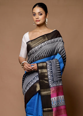 Blue Chanderi Cotton Saree With Blouse Piece