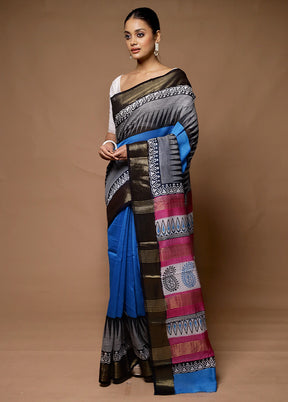 Blue Chanderi Cotton Saree With Blouse Piece