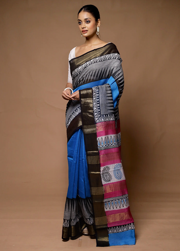 Blue Chanderi Cotton Saree With Blouse Piece