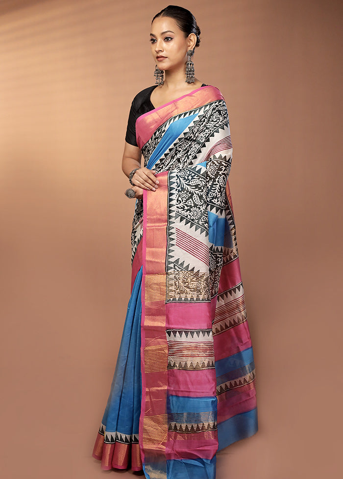 Blue Chanderi Silk Saree With Blouse Piece