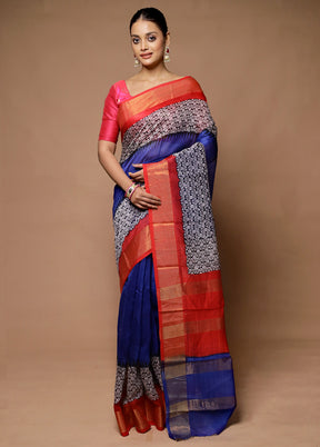 Blue Chanderi Cotton Saree With Blouse Piece