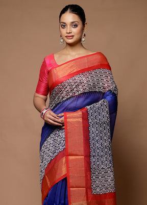 Blue Chanderi Cotton Saree With Blouse Piece