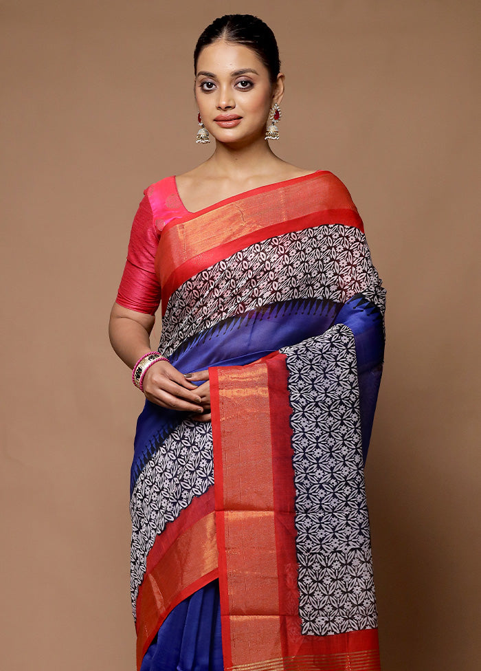 Blue Chanderi Cotton Saree With Blouse Piece