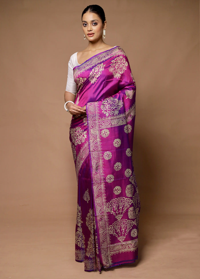 Purple Printed Pure Silk Saree Without Blouse Piece