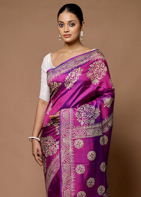 Purple Printed Pure Silk Saree Without Blouse Piece