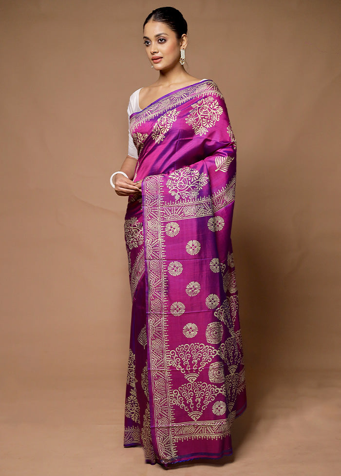 Purple Printed Pure Silk Saree Without Blouse Piece