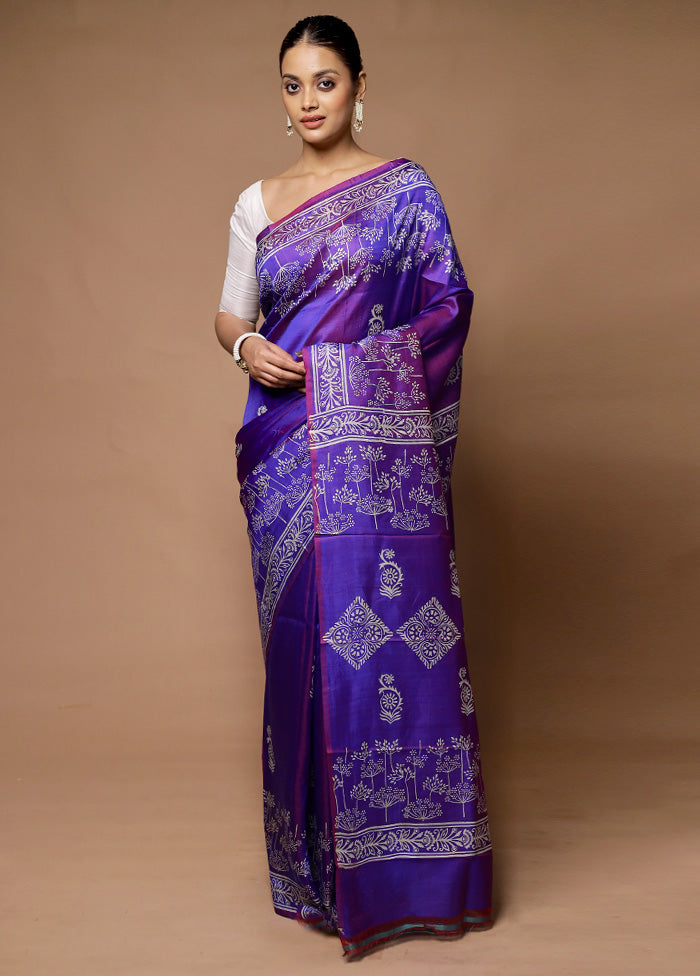 Purple Printed Pure Silk Saree Without Blouse Piece