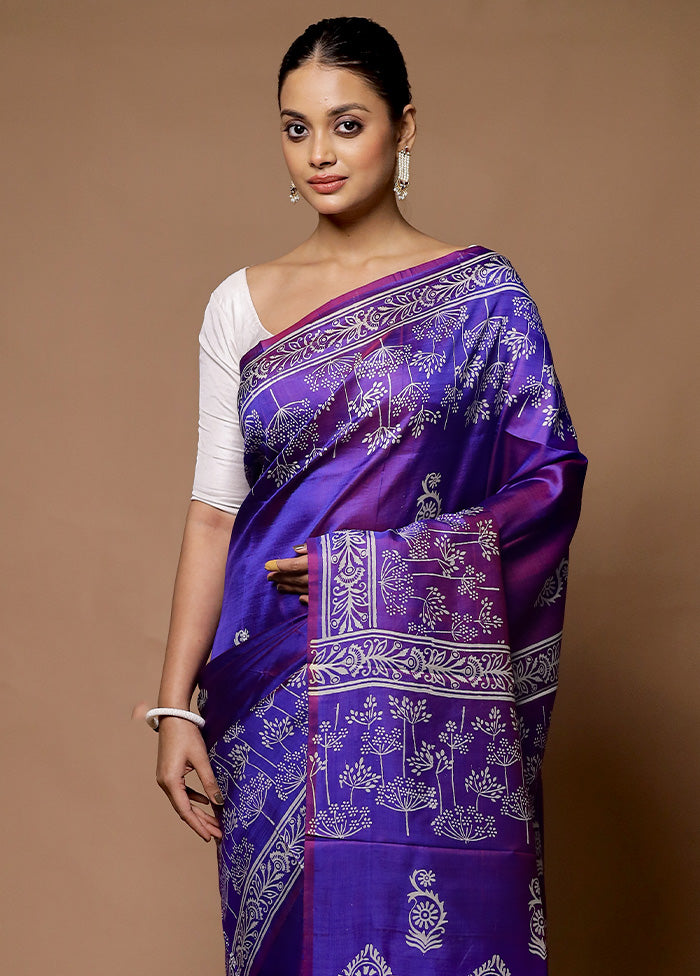 Purple Printed Pure Silk Saree Without Blouse Piece