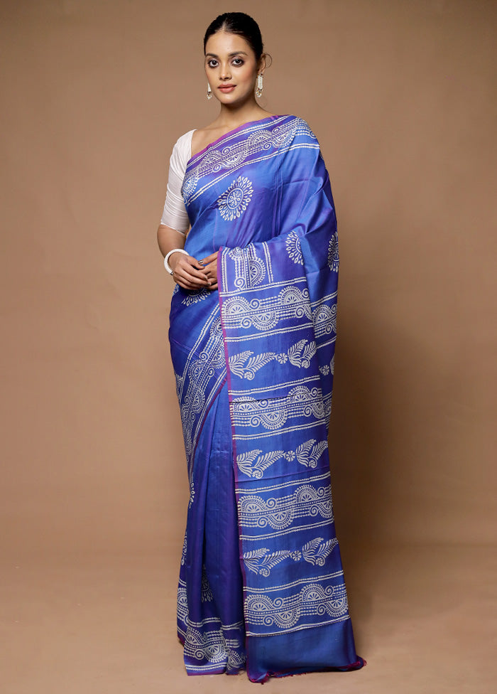 Blue Printed Pure Silk Saree Without Blouse Piece