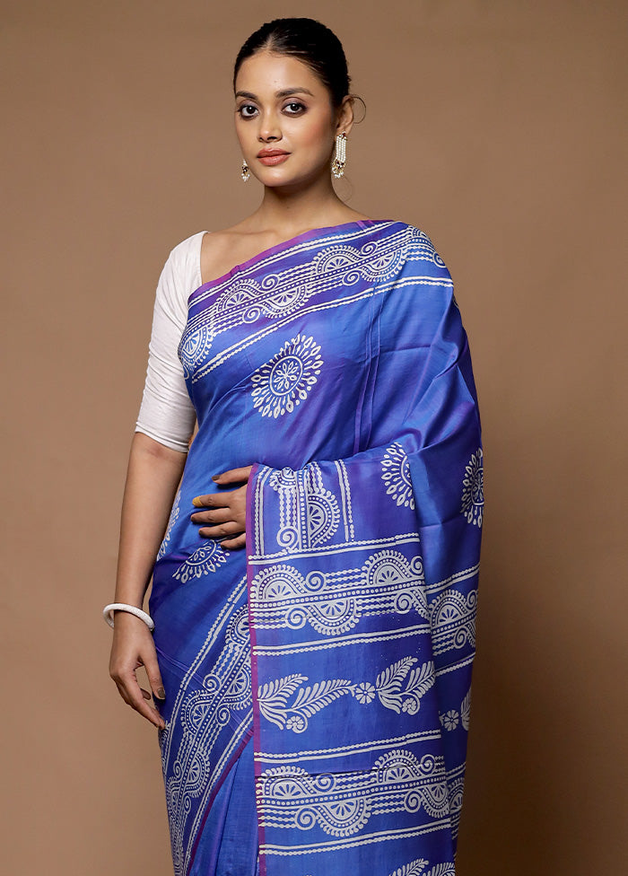 Blue Printed Pure Silk Saree Without Blouse Piece