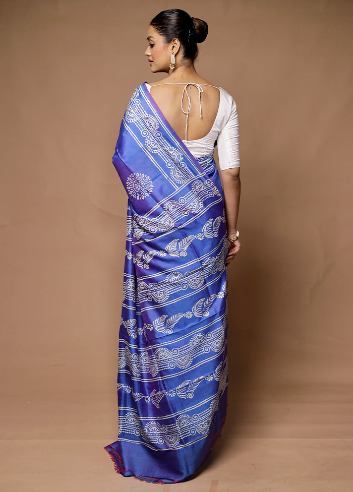 Blue Printed Pure Silk Saree Without Blouse Piece