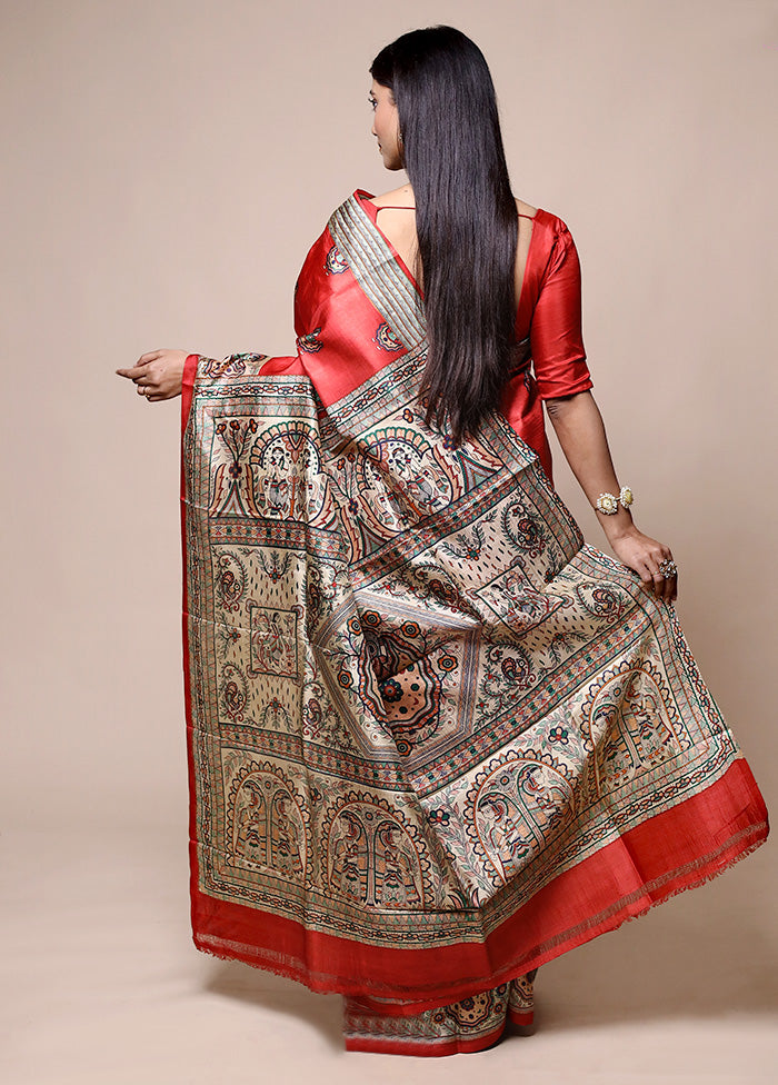 Red Printed Pure Silk Saree Without Blouse Piece