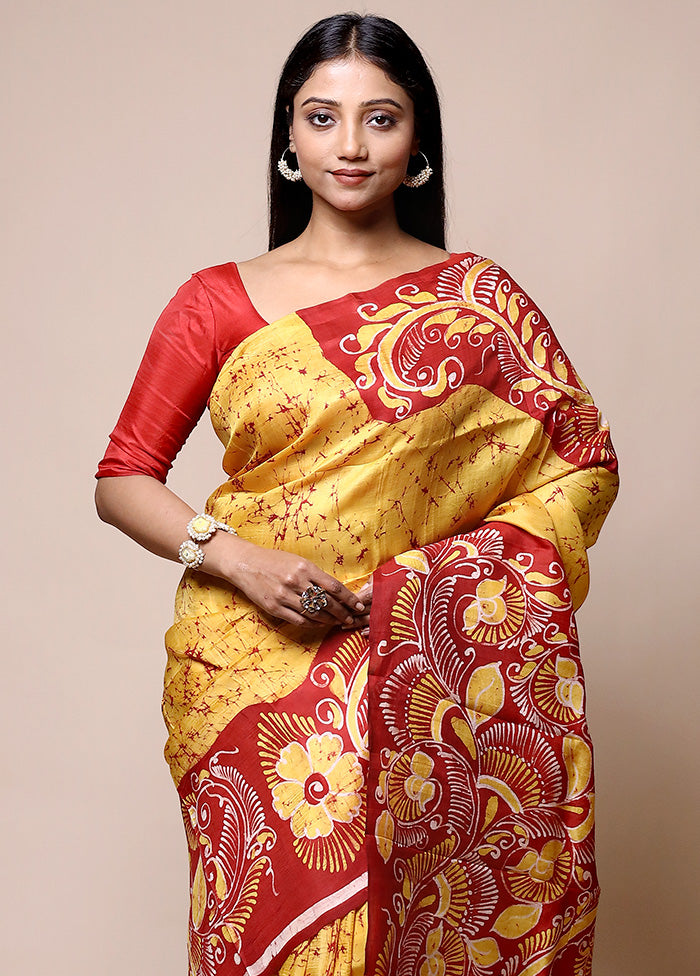 Yellow Printed Pure Silk Saree Without Blouse Piece