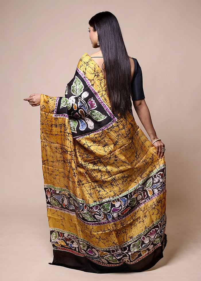 Yellow Printed Pure Silk Saree Without Blouse Piece