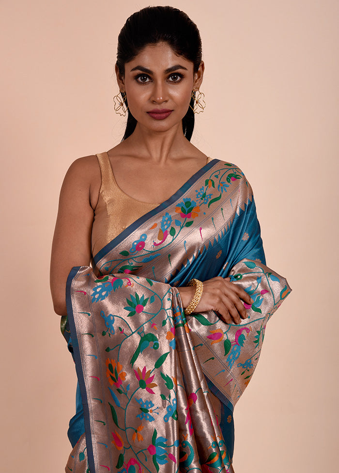 Blue Dupion Silk Saree With Blouse Piece