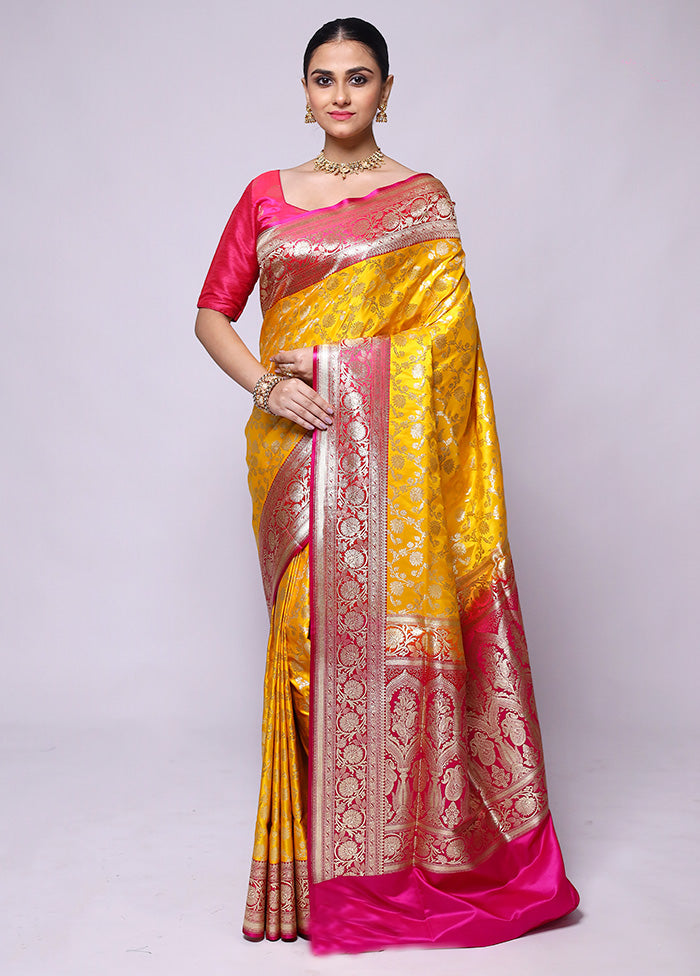 Yellow Handloom Banarasi Pure Silk Saree With Blouse Piece