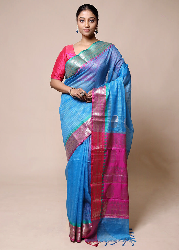 Blue Kota Cotton Saree With Blouse Piece