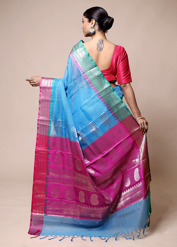 Blue Kota Cotton Saree With Blouse Piece