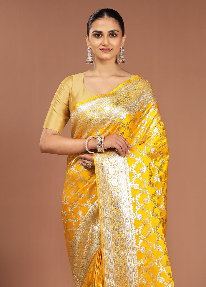 Yellow Banarasi Silk Saree With Blouse Piece