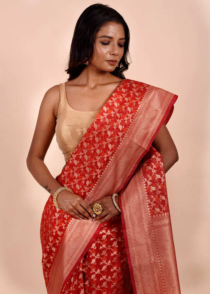 Orange Kora Silk Saree With Blouse Piece