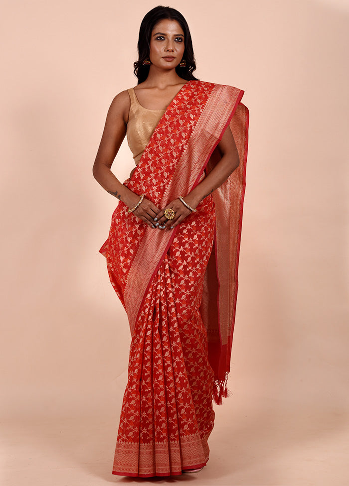 Orange Kora Silk Saree With Blouse Piece