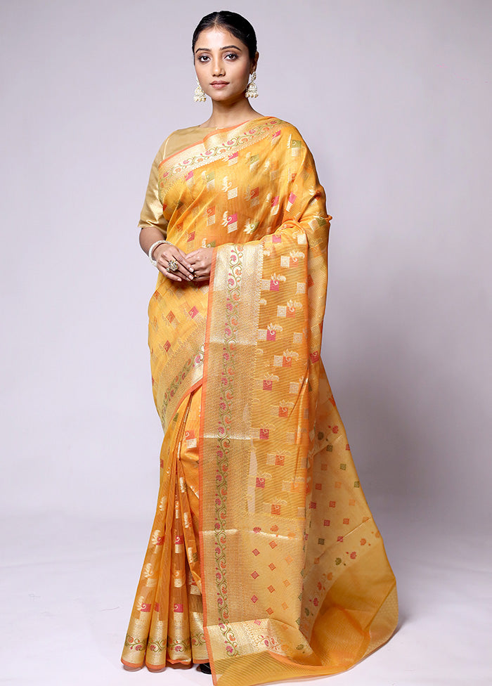 Yellow Kora Silk Saree With Blouse Piece