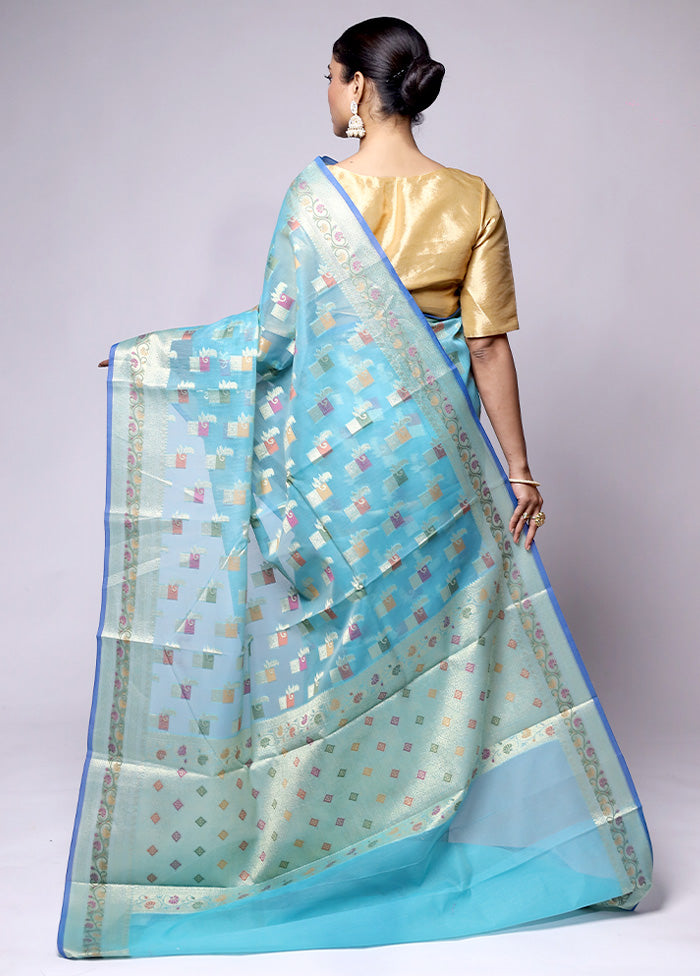 Blue Kora Silk Saree With Blouse Piece