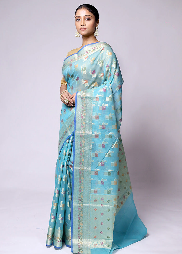 Blue Kora Silk Saree With Blouse Piece